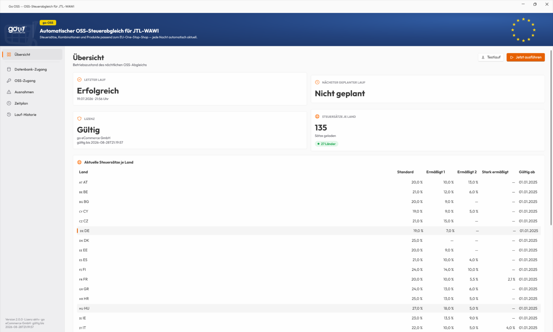 go-OSS V2 Übersicht: OSS-Steuerabgleich Dashboard für JTL-Wawi mit aktuellen EU-Steuersätzen