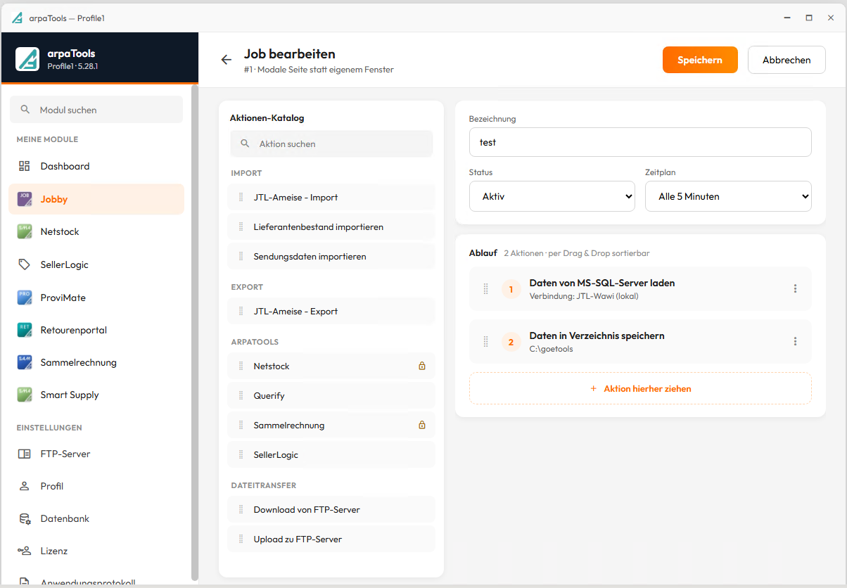 arpaTools Jobby: Job bearbeiten mit Aktionen-Katalog, Zeitplan und Ablauf per Drag and Drop