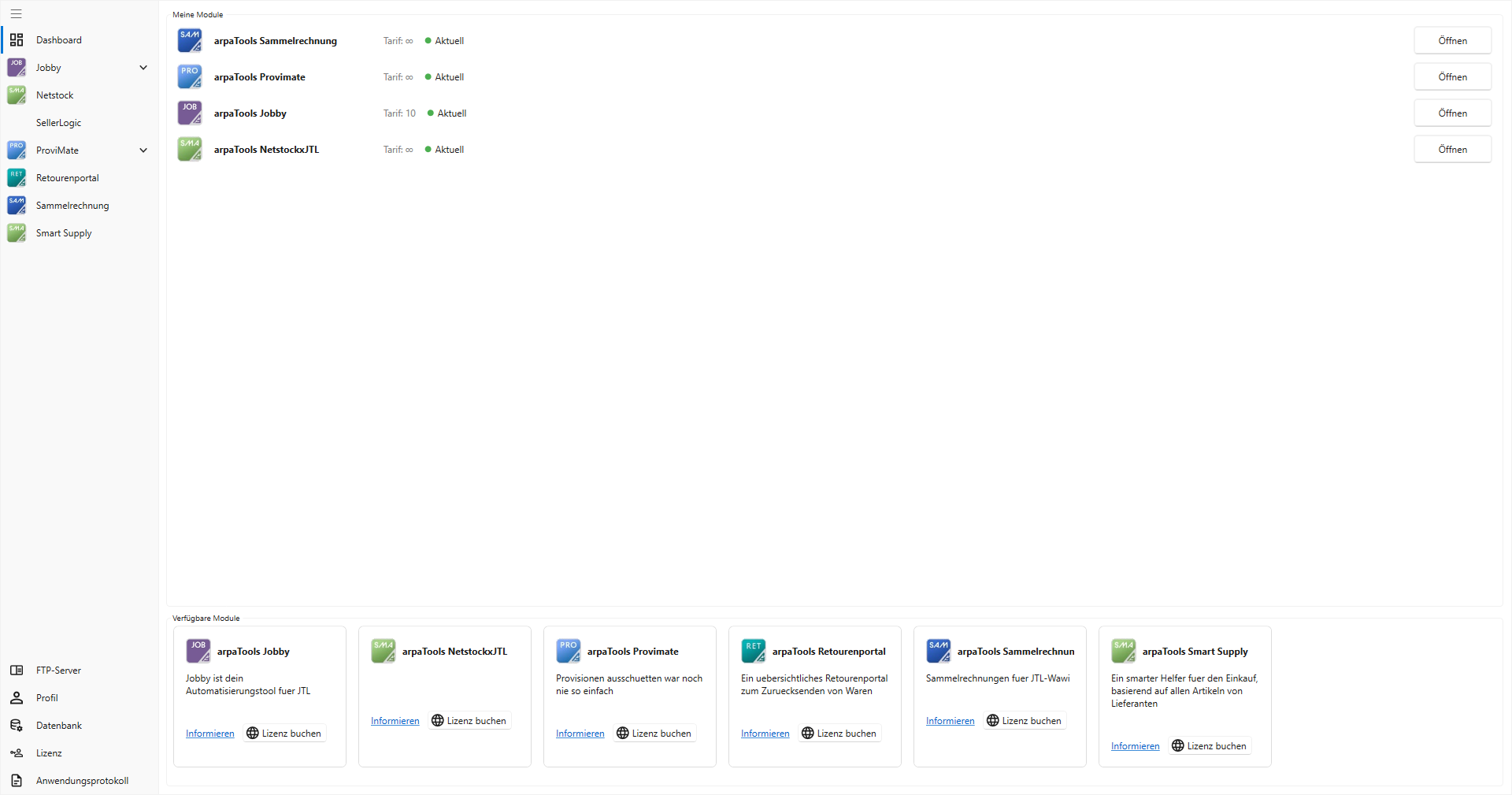 Startseite von arpaTools. Links die Seitenleiste mit den lizenzierten Apps, oben rechts der Bereich Meine Module mit Tarif, Lizenzstatus und Öffnen-Knopf je Zeile, darunter Verfügbare Module als Kacheln mit Beschreibung, Informieren-Link und Lizenz buchen-Knopf.