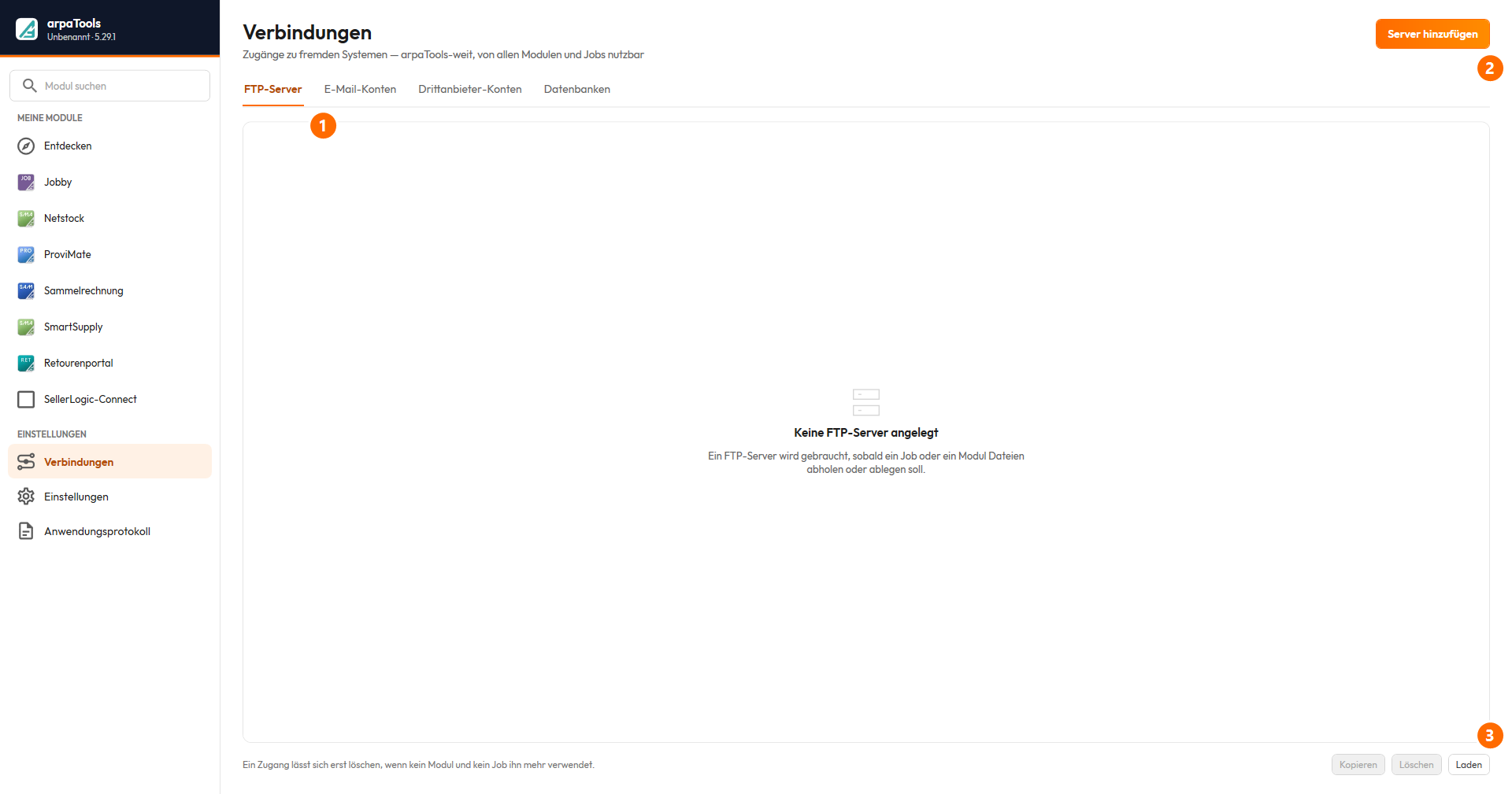 Verbindungen-Bildschirm mit vier Registerkarten (FTP-Server, E-Mail-Konten, Drittanbieter-Konten, Datenbanken), markiert ① Registerkarten, ② Server hinzufügen und ③ Laden