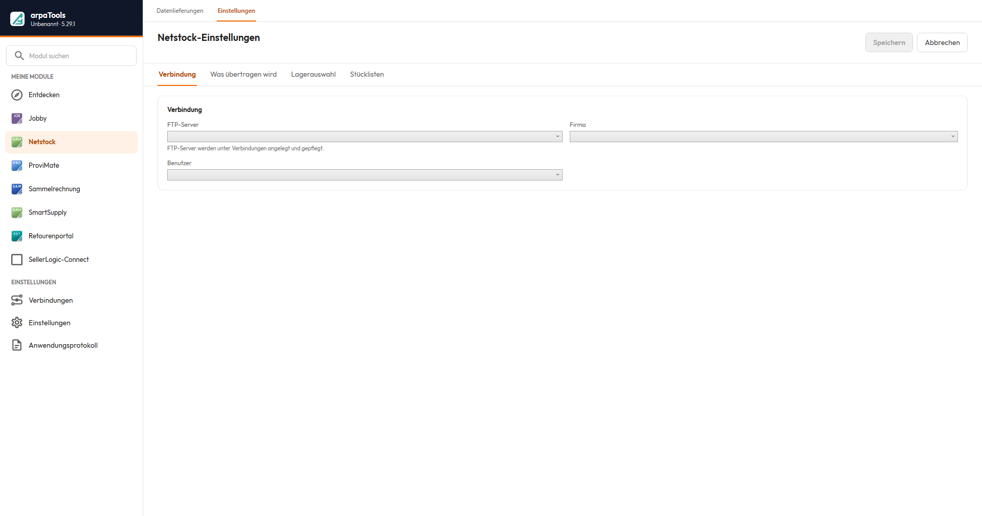 Netstock-Einstellungen, Registerkarte Verbindung: FTP-Server, Firma und Benutzer für den Datenaustausch.