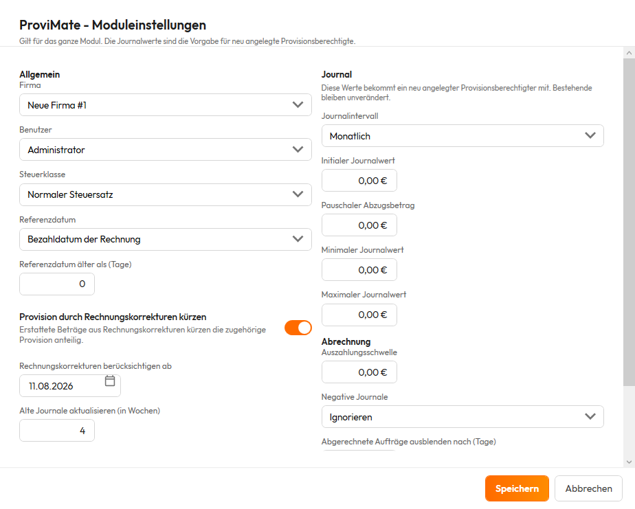 Dialog ProviMate-Moduleinstellungen. Im Bereich Allgemein die Auswahl von Firma, Benutzer, Steuerklasse und Referenzdatum, dazu Referenzdatum älter als Tage, Alte Journale aktualisieren in Wochen, Abrechnungsart und Exportverzeichnis. Im Bereich Journal das Journalintervall sowie initialer Journalwert, pauschaler Abzugsbetrag und minimaler und maximaler Journalwert. Im Bereich Abrechnung die Auszahlungsschwelle, der Umgang mit negativen Journalen und nach wie vielen Tagen abgerechnete Aufträge ausgeblendet werden.