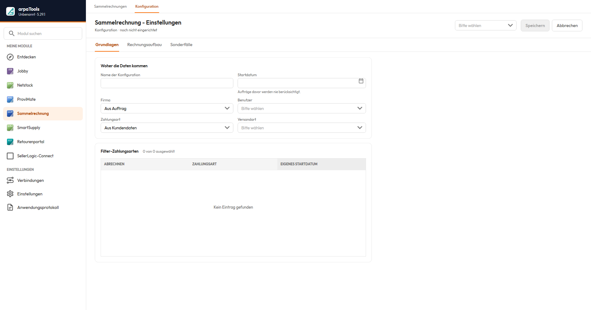 Sammelrechnung-Einstellungen, Registerkarte Grundlagen: Name der Konfiguration, Startdatum, Firma, Benutzer, Zahlungsart, Versandart sowie die Tabelle Filter-Zahlungsarten.