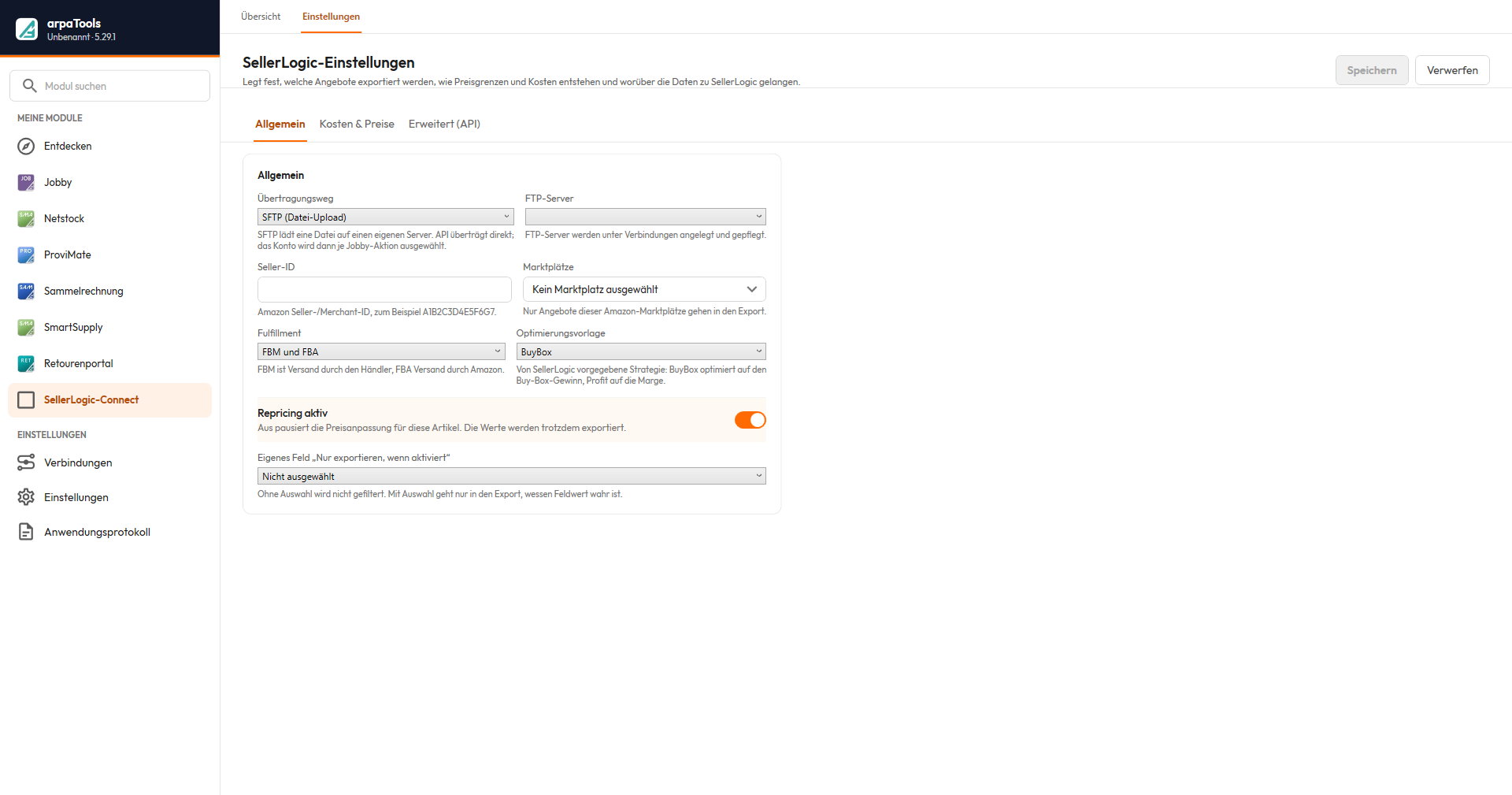 SellerLogic-Einstellungen, Registerkarte Allgemein: Übertragungsweg, FTP-Server, Seller-ID, Marktplätze, Fulfillment, Optimierungsvorlage, Schalter Repricing aktiv sowie das Filterfeld „Nur exportieren, wenn aktiviert".
