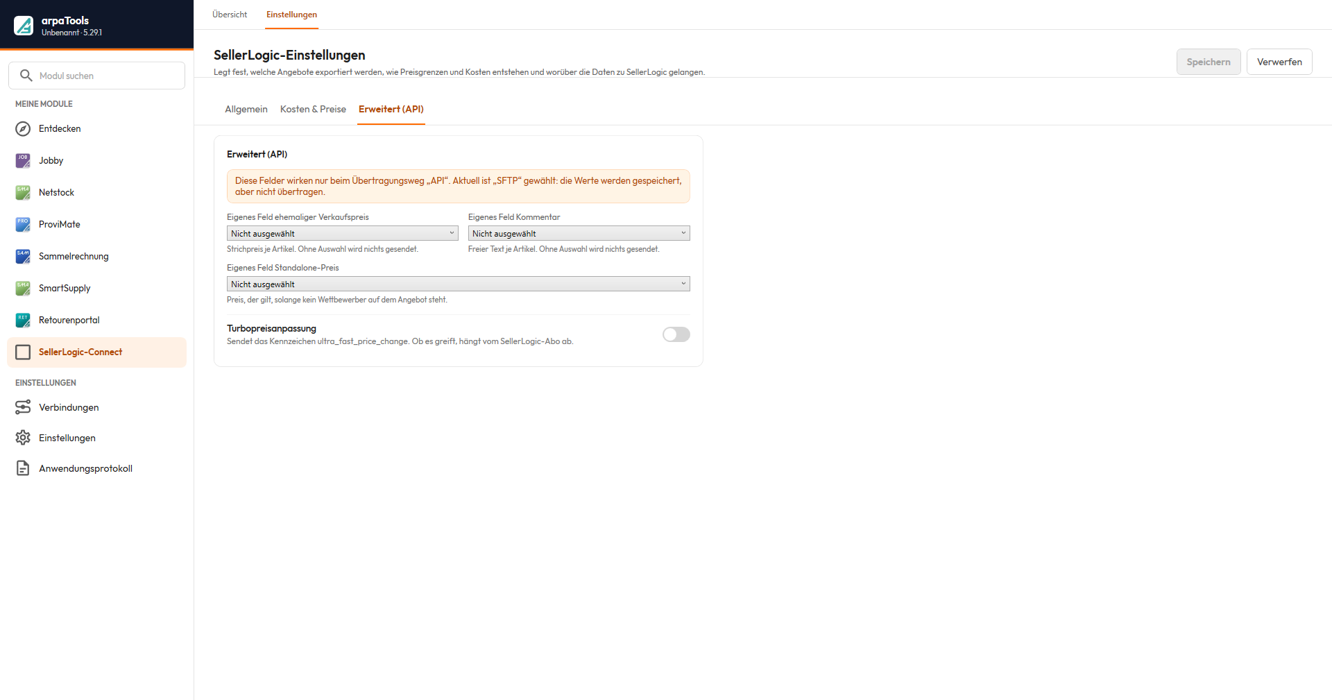 SellerLogic-Einstellungen, Registerkarte Erweitert (API): eigene Felder für ehemaligen Verkaufspreis, Kommentar und Standalone-Preis sowie der Schalter Turbopreisanpassung.