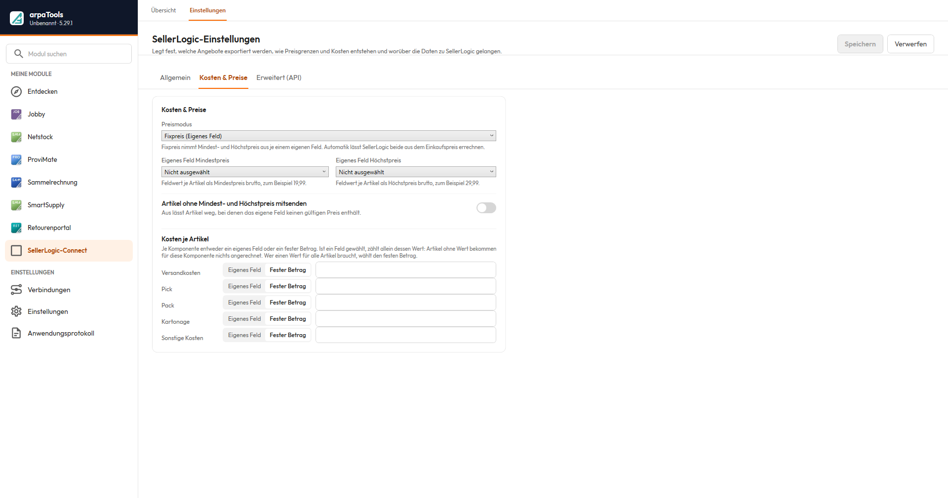 SellerLogic-Einstellungen, Registerkarte Kosten & Preise: Preismodus, eigene Felder für Mindest- und Höchstpreis, Schalter „Artikel ohne Mindest- und Höchstpreis mitsenden" sowie die Kosten je Artikel (Versandkosten, Pick, Pack, Kartonage, Sonstige Kosten), je wählbar zwischen eigenem Feld und festem Betrag.