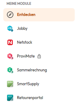 Ausschnitt der Seitenleiste unter Meine Module mit den Einträgen Entdecken, Jobby, Netstock, ProviMate, Sammelrechnung, SmartSupply und Retourenportal. Entdecken ist gewählt. Hinter ProviMate steht ein graues, geschlossenes Schloss, die übrigen Einträge haben keins.