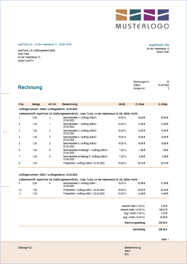Sammelrechnung für JTL-Wawi: Rechnungspositionen gruppiert pro Beleg mit Auftragsnummer und Lieferdatum